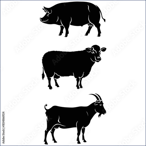 Farm animals silhouette illustration featuring a pig sheep and goat in black colour vector