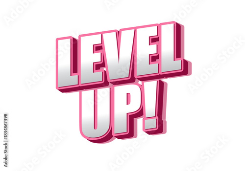 A vibrant and bold graphic text design featuring the phrase LEVEL UP! in a three dimensional style w
