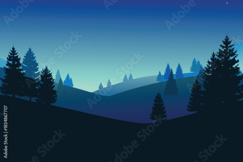 Silhouetted trees and rolling hills under a glowing crescent moon nightscape high quality