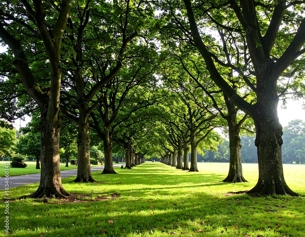 Obraz premium A linear perspective view featuring a long avenue of mature deciduous trees casting shadows upon the lawn below