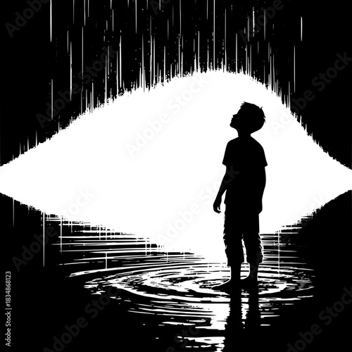 Black and White Vector Boy Looking Up at Rain