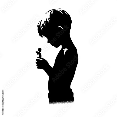 Black and White Vector Boy Holding Broken Toy