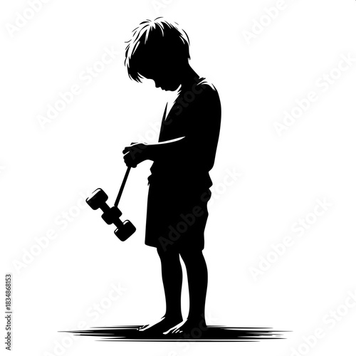 Black and White Vector Boy Holding Broken Toy