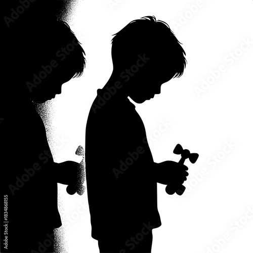 Black and White Vector Boy Holding Broken Toy