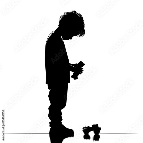 Black and White Vector Boy Holding Broken Toy