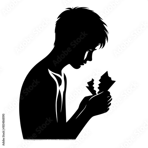 Black and White Vector Boy Standing with Torn Paper in Hand