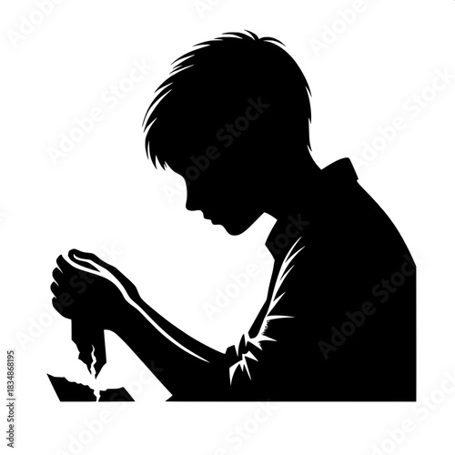 Black and White Vector Boy Standing with Torn Paper in Hand