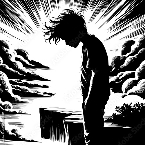 Black and White Vector Boy Standing on Cliff Edge Looking Down