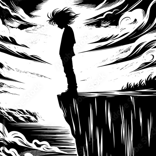 Black and White Vector Boy Standing on Cliff Edge Looking Down