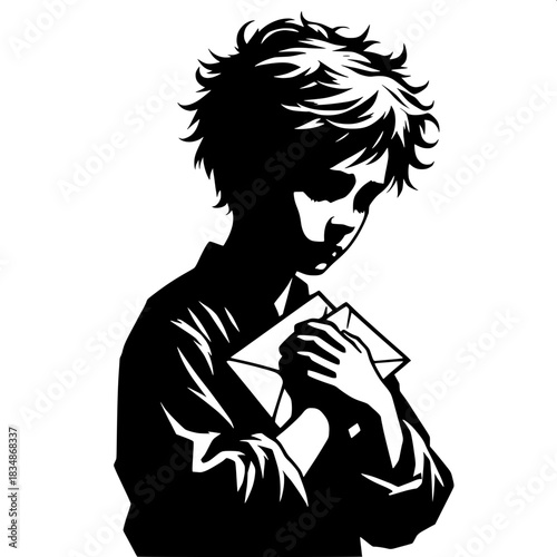 Black and White Vector Boy Holding a Letter Close to Chest