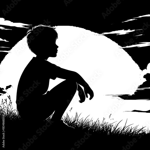 Black and White Vector Boy Kneeling and Looking at Sunset