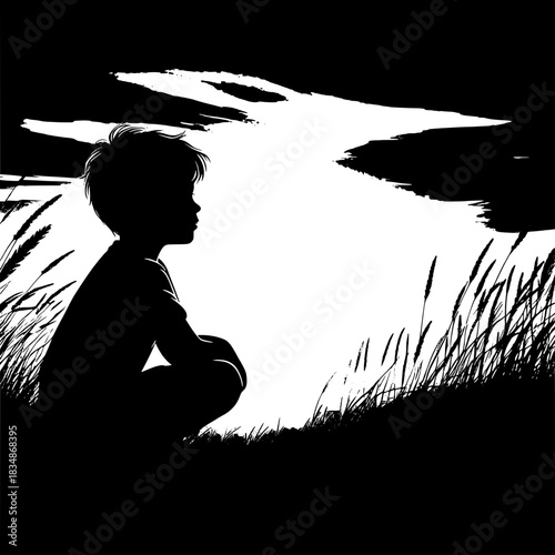Black and White Vector Boy Kneeling and Looking at Sunset
