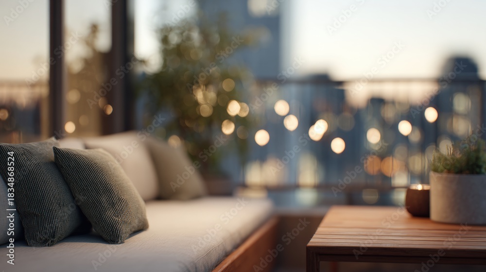 Naklejka premium Cozy outdoor seating area with a view of the city skyline. the seating area is furnished with a beige sofa and two gray throw pillows.
