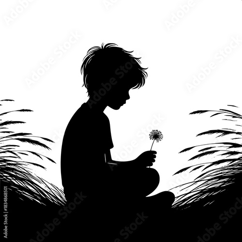 Black and White Vector Boy Sitting in Field Holding a Flower