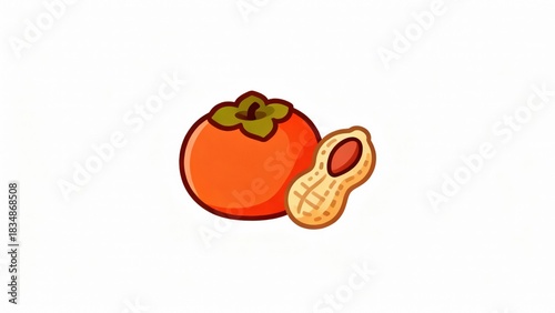 A cartoon illustration of a persimmon and a peanut on a white background