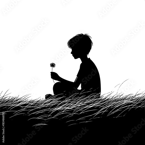 Black and White Vector Boy Sitting in Field Holding a Flower