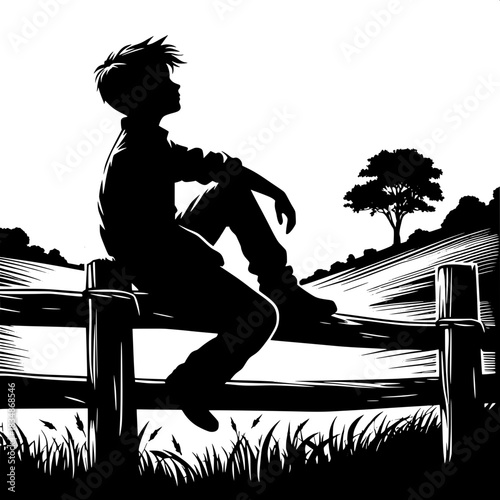 Black and White Vector Boy Leaning on Fence Looking Away