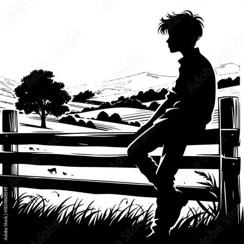 Black and White Vector Boy Leaning on Fence Looking Away