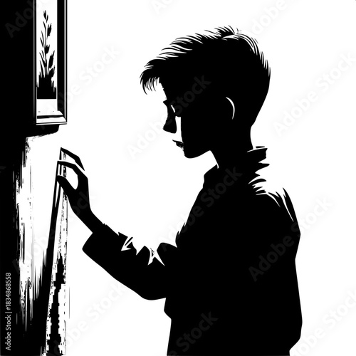 Black and White Vector Boy Touching a Photo Frame