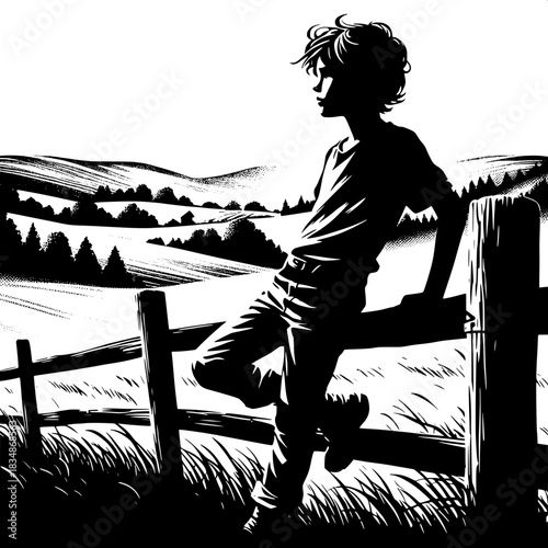 Black and White Vector Boy Leaning on Fence Looking Away