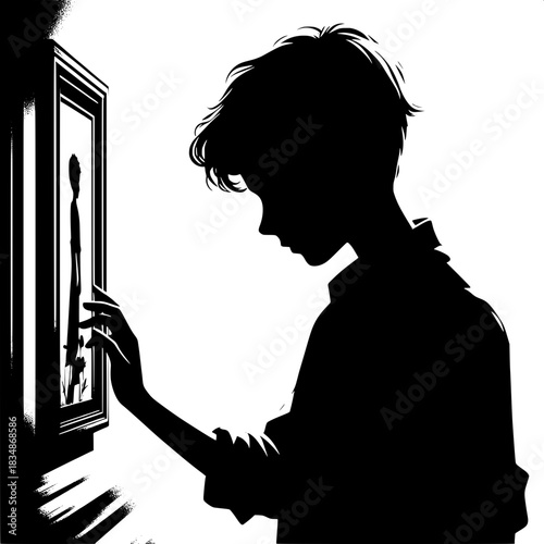 Black and White Vector Boy Touching a Photo Frame