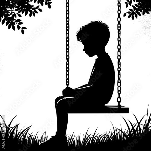Black and White Vector Boy Sitting on Swing Alone