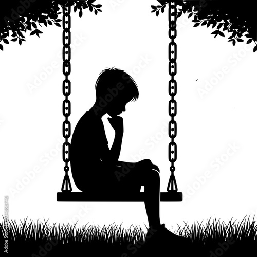 Black and White Vector Boy Sitting on Swing Alone