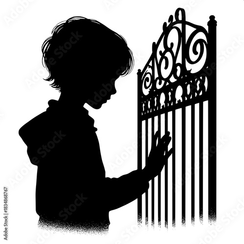 Black and White Vector Boy Touching a Closed Gate