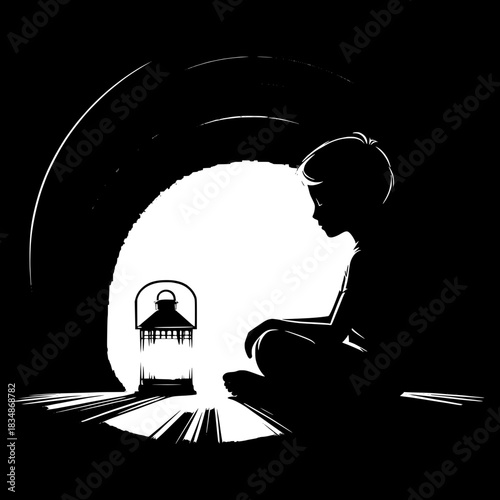 Black and White Vector Boy Sitting Beside Lantern