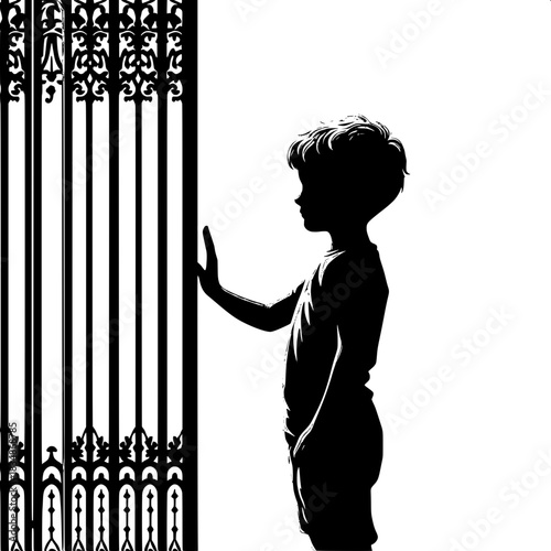 Black and White Vector Boy Touching a Closed Gate