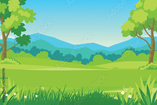 a peaceful landscape featuring green fields blue mountains and lush trees high quality