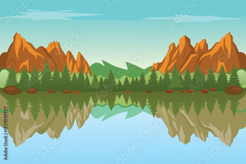 a scenic landscape with mountains trees and a reflective water surface high quality