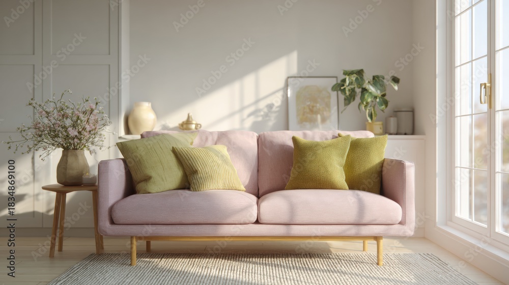 Naklejka premium Modern living room with a pink sofa in the center. the sofa is upholstered in a soft pink fabric and has three green throw pillows on it.