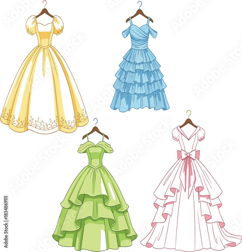 Set of four colorful, elegant historical gowns with ruffled skirts and puff sleeves hanging on hangers, vector illustration symbolizing vintage formal wear, prom, opera, and Southern Belle fashion.