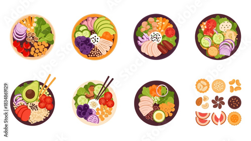 Variety of colorful and healthy poke bowls with fresh ingredients for a nutritious meal