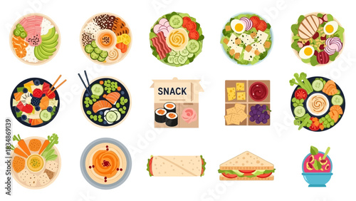 Variety of Healthy Food Options Salads, Wraps and Bowls