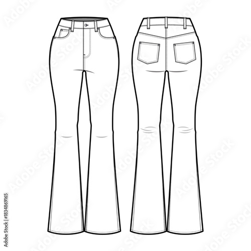 Women's High Waisted Flared Jeans- Front and Back View- Fashion Illustration- Flat Vector Illustration- Cad mockup 