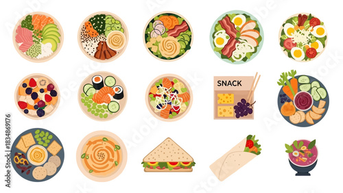 A diverse collection of healthy meals and nutritious snacks from a top view, illustrating concepts of a balanced diet and meal planning. Flat vector set