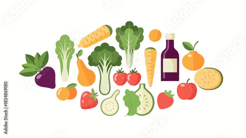 A vibrant collection of fresh, organic fruits and vegetables, artfully arranged to symbolize a healthy and balanced diet. Perfect for promoting nutrition, wellness, and lifestyle