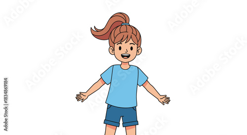 Illustration of a smiling girl with ponytail wearing blue clothes on a white background