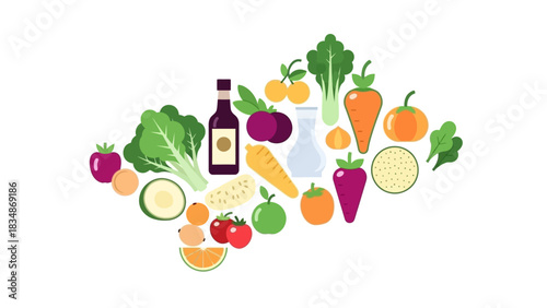 Colorful collection of fresh fruits and vegetables, with healthy ingredients, abstractly arranged to represent balanced nutrition, wellness, and a vibrant lifestyle