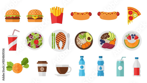 A diverse collection of flat design vector icons showing healthy and unhealthy food choices, including fast food, meals, and beverages