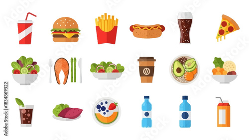 Collection of fast food and drink icons, healthy meal options, and refreshing beverages for your design needs