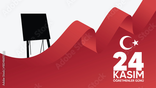 Turkish Teachers’ Day Poster Featuring Bold Red Waves and black board vector poster