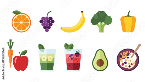 A vibrant collection of fresh fruits, wholesome vegetables, and nutritious superfood options like smoothies and acai bowls, representing a balanced and healthy eating lifestyle