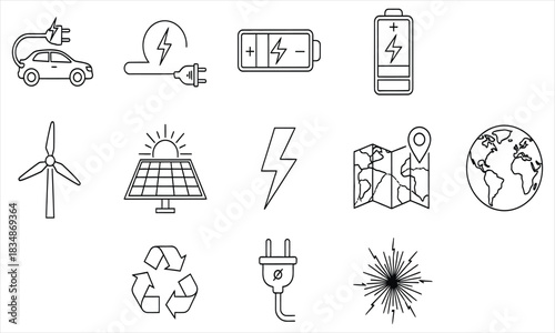 Set of renewable energy and green technology line icons. Vector symbols for sustainability, electric power, and eco friendly transport