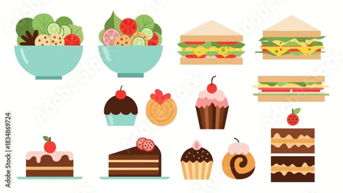 Diverse Food Icons Salad, Sandwich, Cakes, and Cupcakes Vector Art