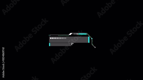 Futuristic Pixel Art Gun Animation with Neon Accents on Black Background.