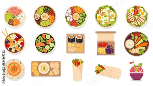 A diverse collection of healthy food dishes and nutritious meal options shown from a top-down view, including salads, bowls, wraps, and snacks