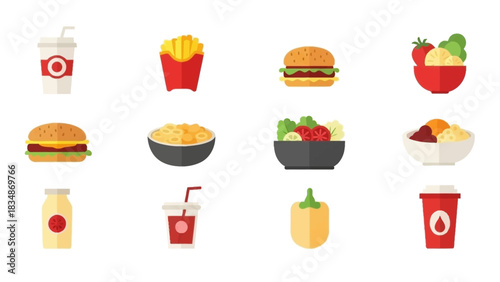A collection of colorful flat design food and drink icons representing a modern fast food and healthy meal concept for graphic design